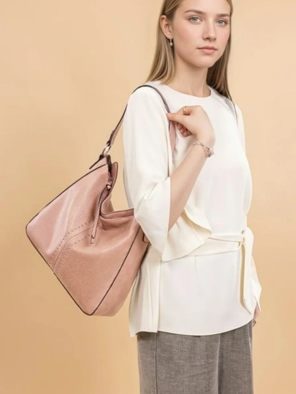 Montana West Concealed Carry Purse Dusty Pink Gold-Studded Faux Leather Hobo Bag